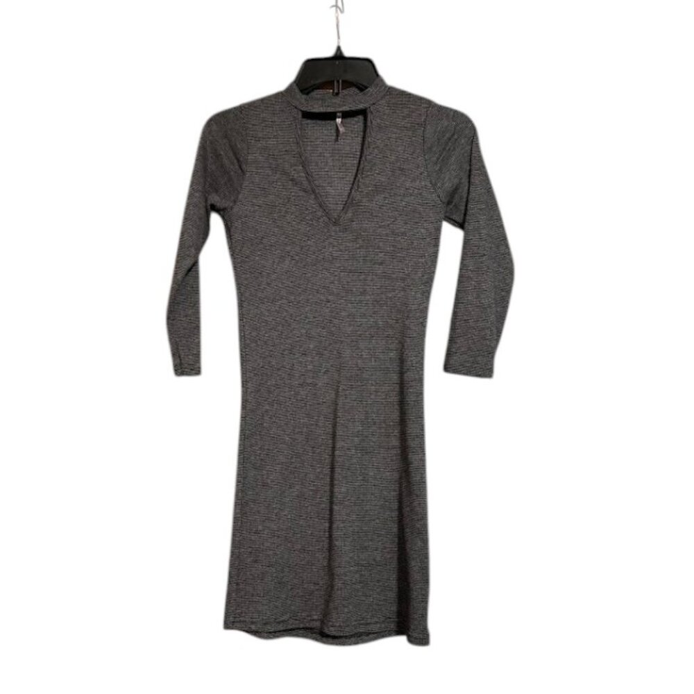 Poof Gray Black Waffle Knit Dress Keyhole Mock Neck Bodycon Mini Dress Women's S